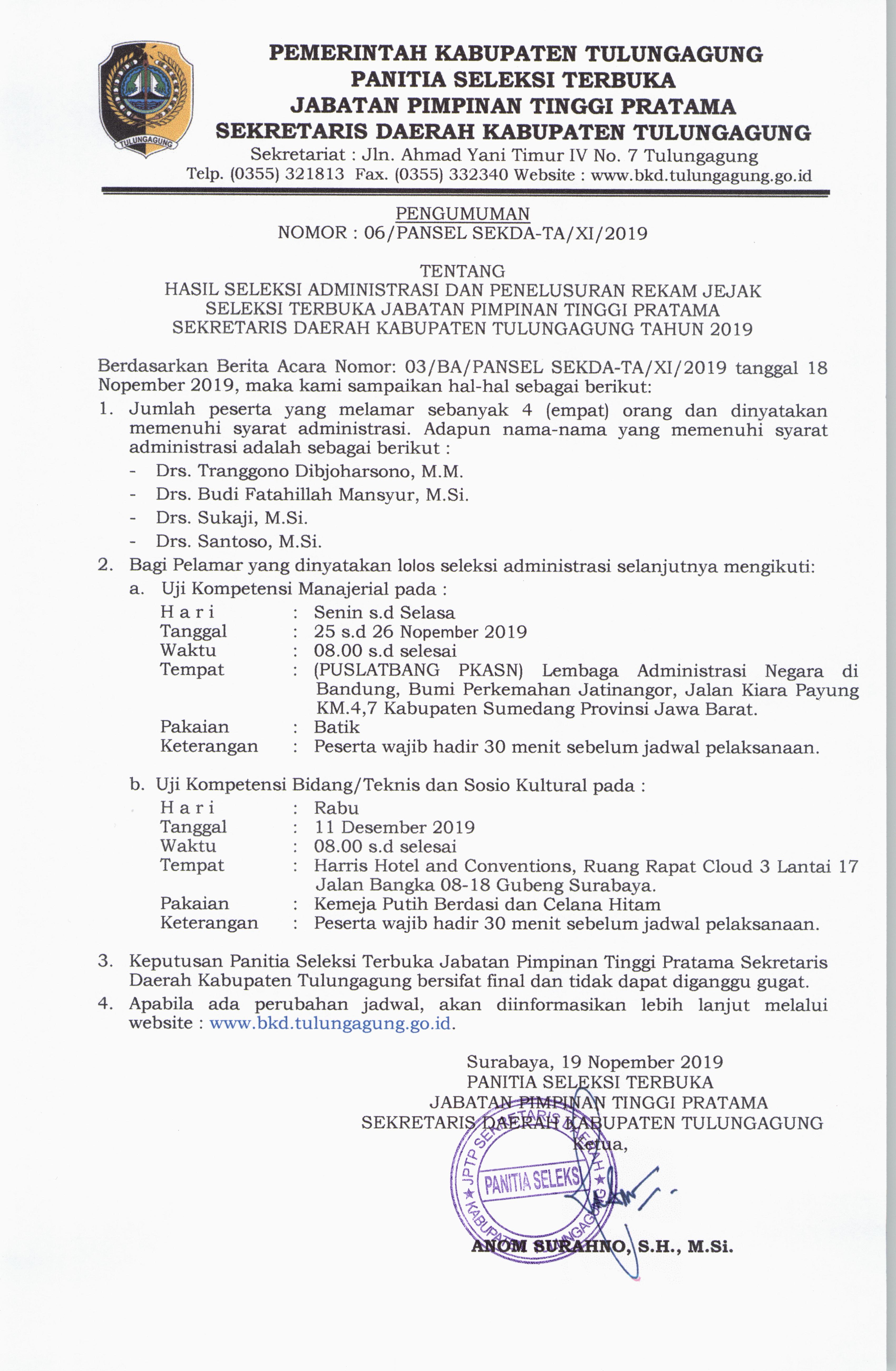 Pengumuman Seleksi Administrasi JPTP Sekda Tulungagung