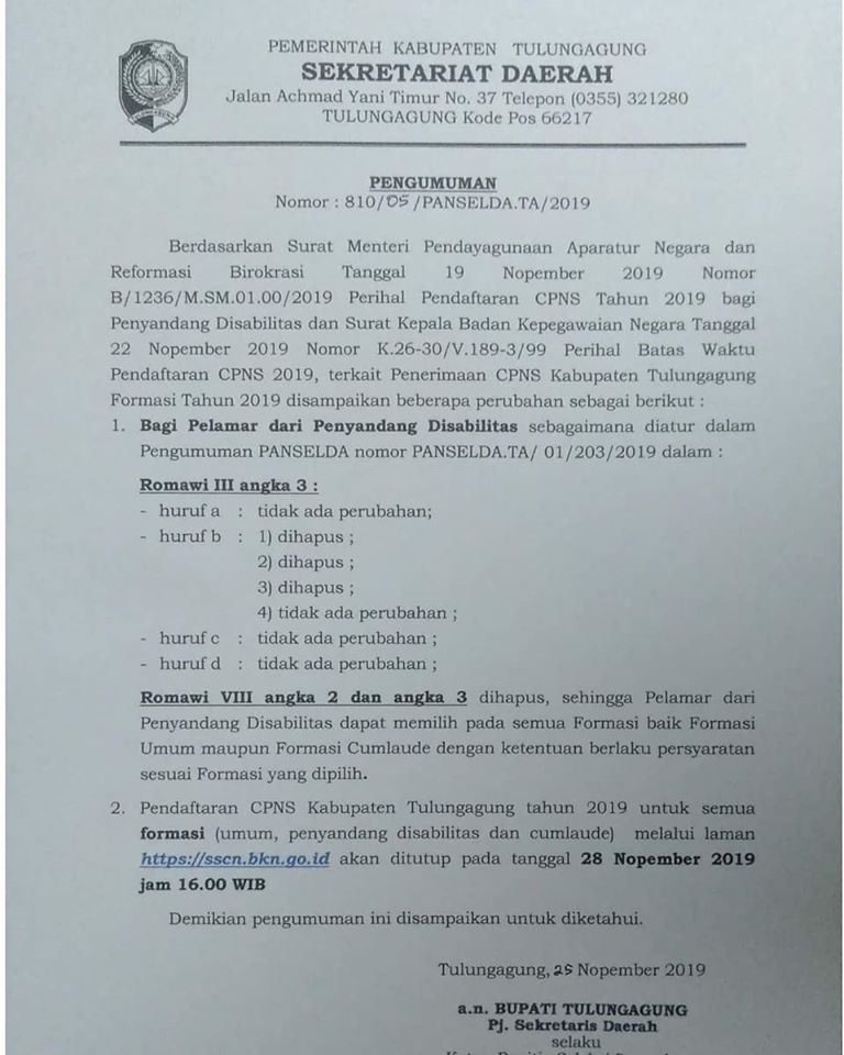 Pengumuman CPNS Kabupaten Tulungagung Tahun 2019